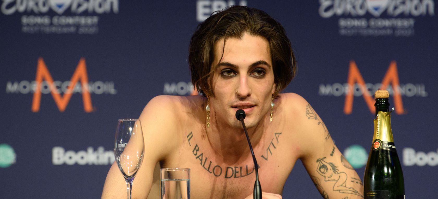 Damiano David at the press conference after Maneskin's victory at Eurovision 2021