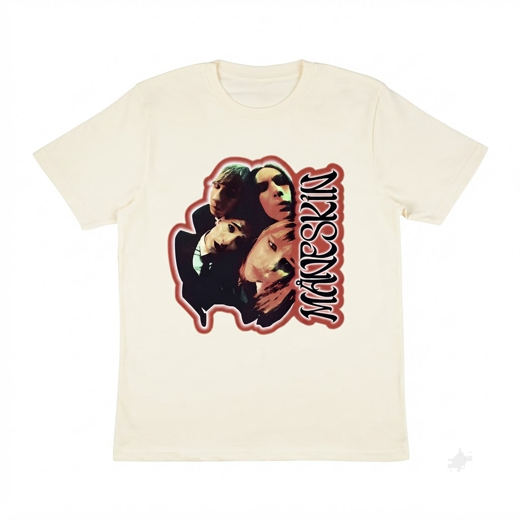 Cream Band Portrait Red Border LA2207 T-shirt 2 - Maneskin Shop Cream Band Portrait Red Border LA2207 T-shirt - Image 2